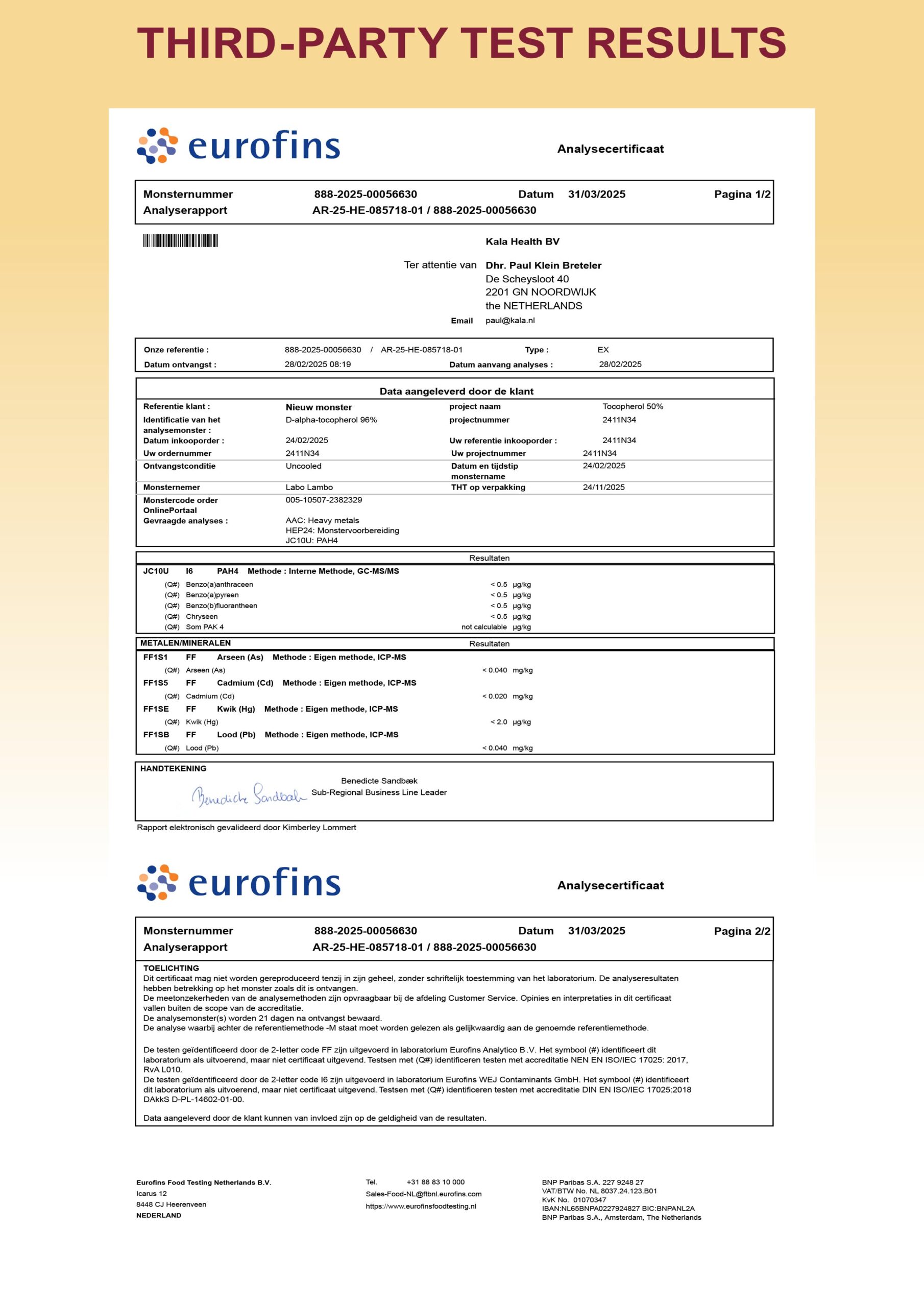 Vitamin E T8 Komplett 8 Third party lab report of our Tocopherols used in the Vitamin E T8 Complete softgels by Kala Health