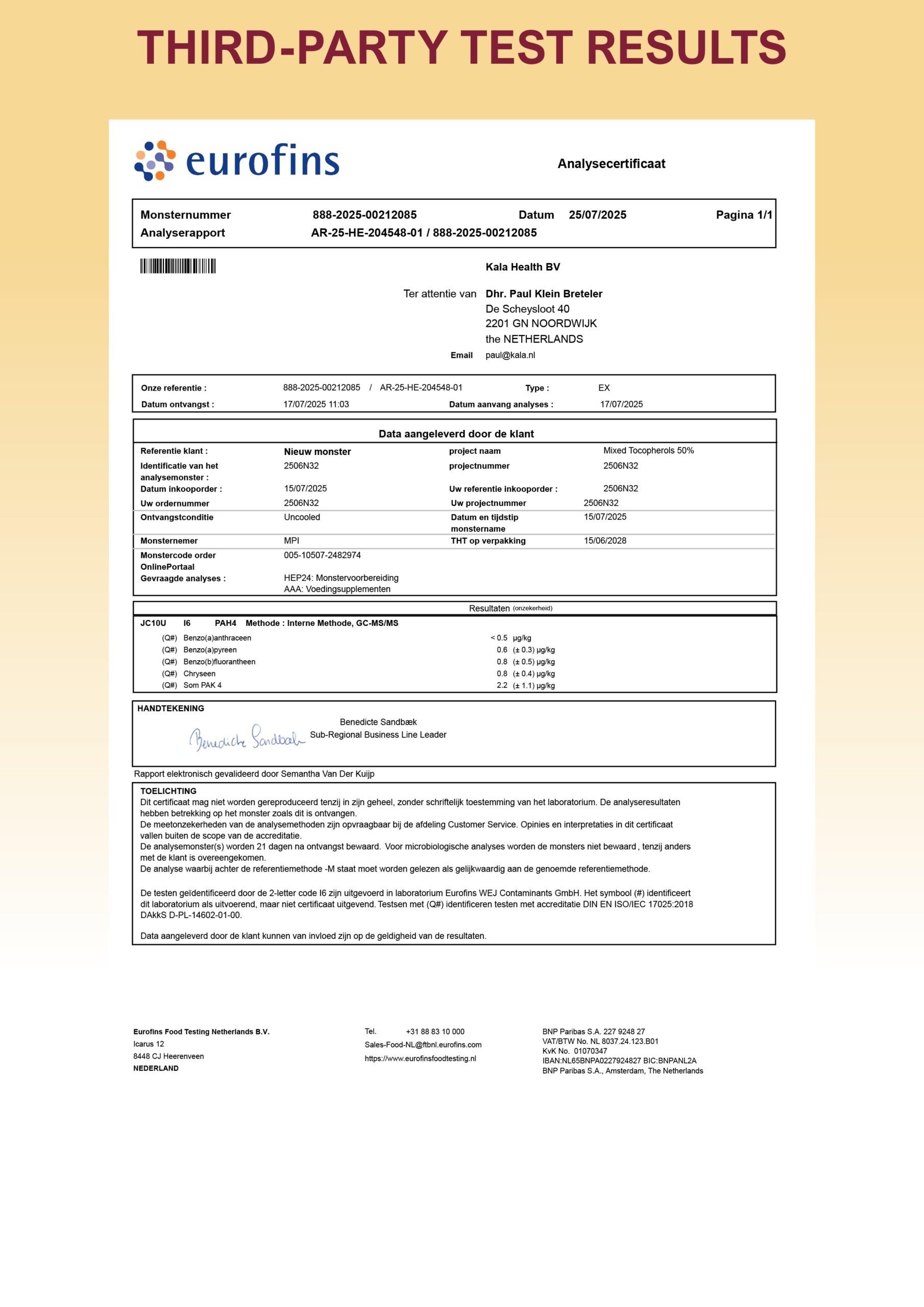 Vitamin E T8 Komplett 9 Third party lab report of our Kala Health MSM GC Tablets