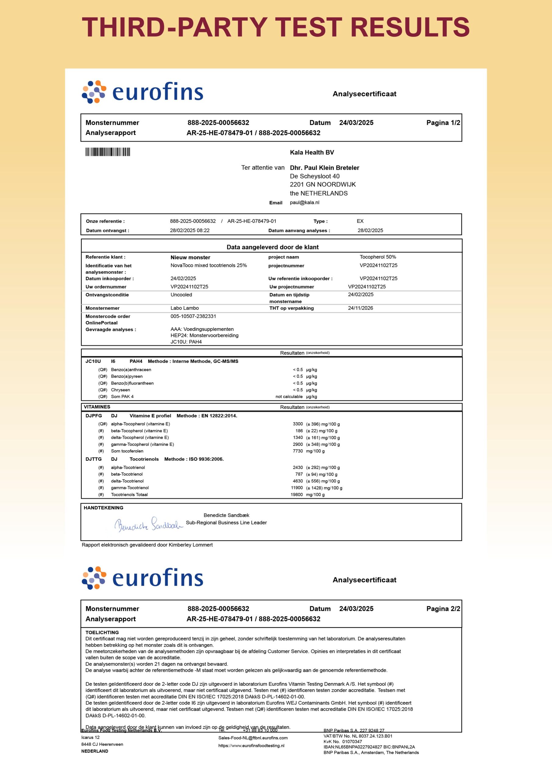 Vitamin E T8 Komplett 10 Third party lab report of our Kala Health MSM GC Tablets