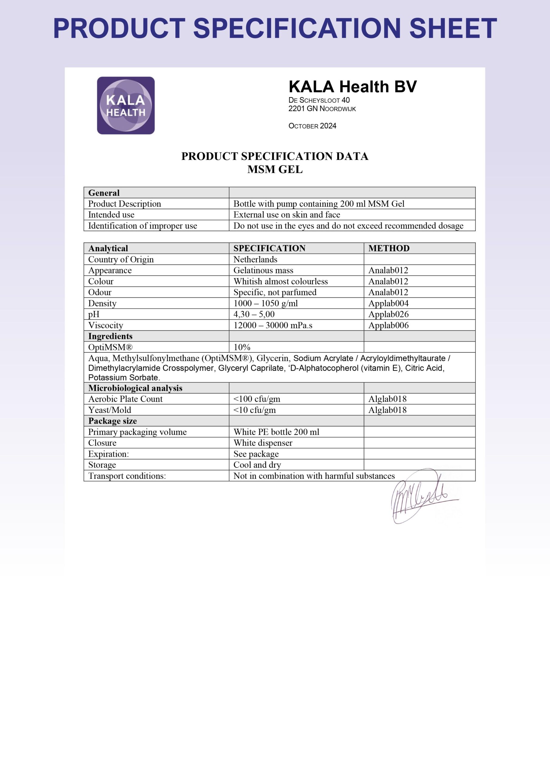 OptiMSM® Gel 3 The Product Specification Sheet of OptiMSM Gel from Kala Health