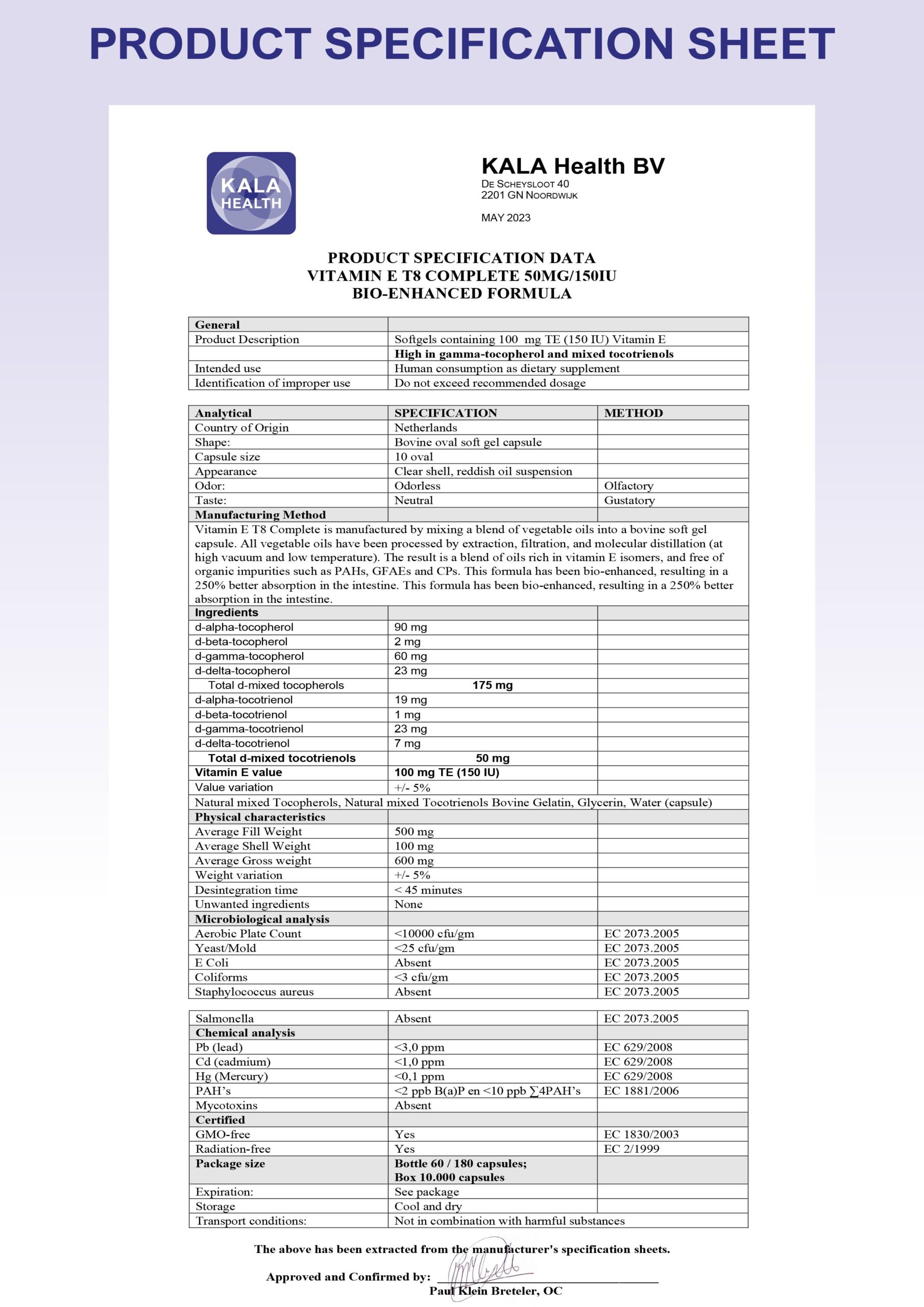 Vitamin E T8 Komplett 7 The Product Specification Sheet of Vitamin T8 Complete Softgels from Kala Health