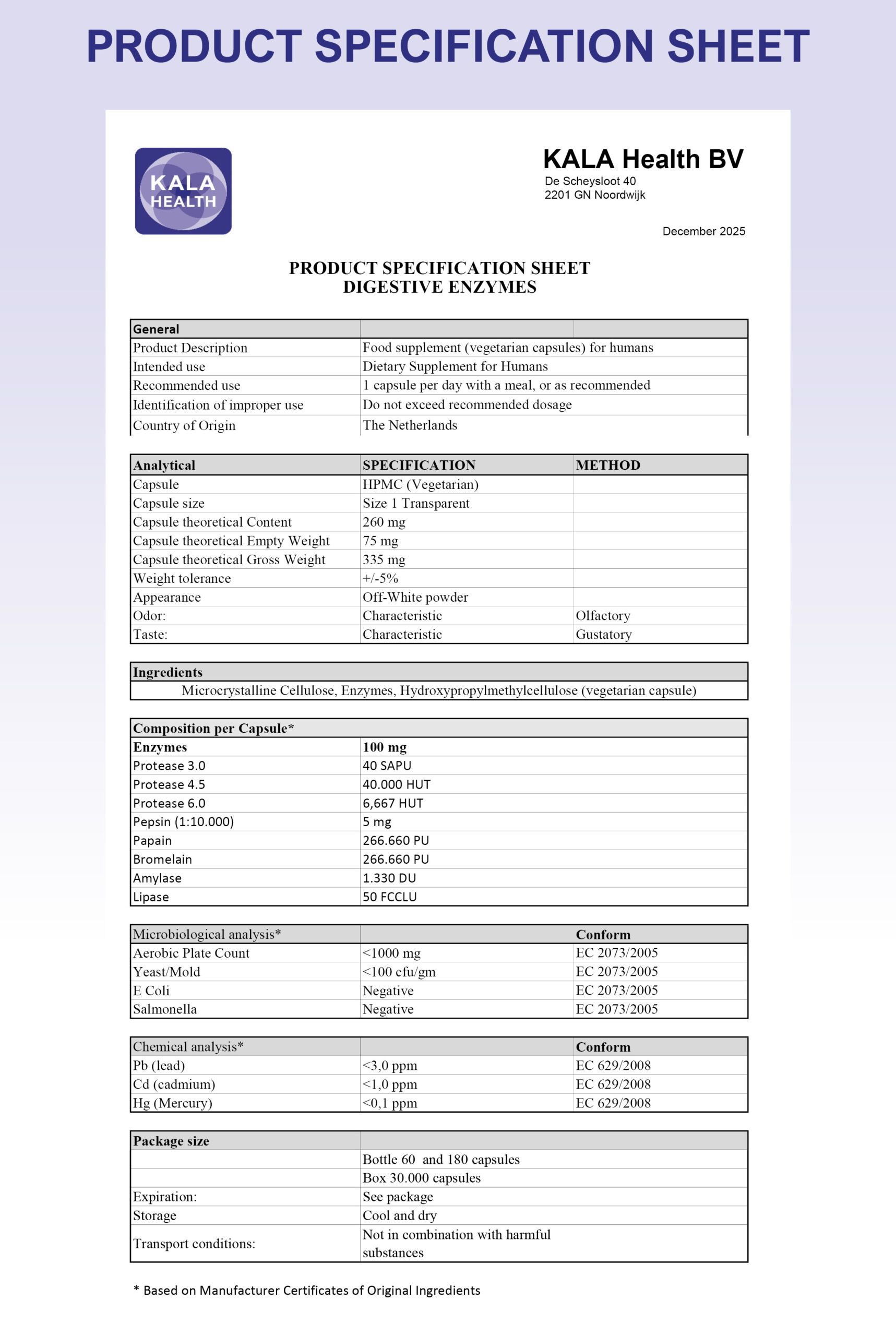 Natürliche Enzyme 4 The Product Specification Sheet of Natural Enzymes produced by Kala Health