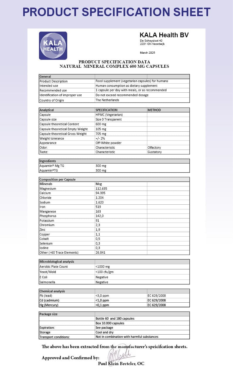 Vegan Mineralien Komplex 5 The Product Specification Sheet of Vegan MIneral Complex capsules from Kala Health