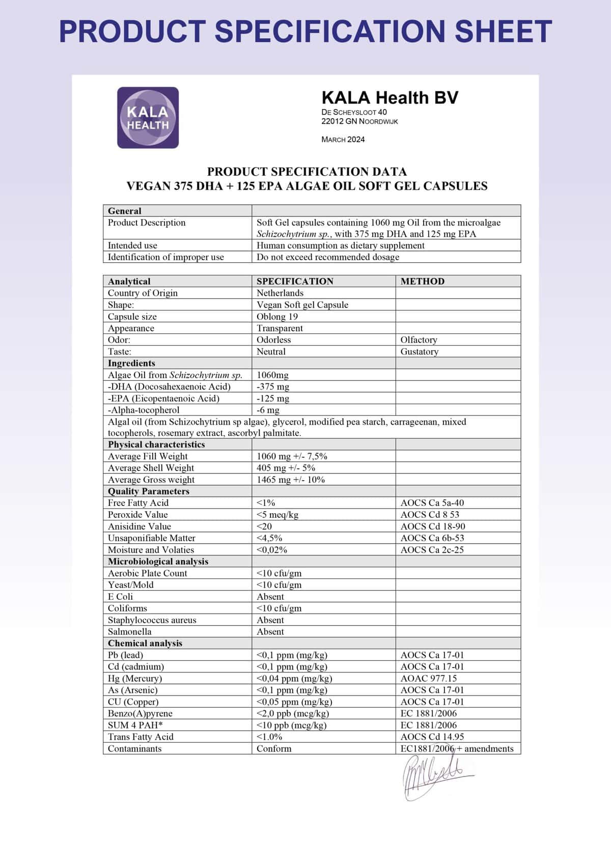 Vegan Omega 3 5 The Product Specification Sheet of Vegan Omega 3 Softgels from Kala Health