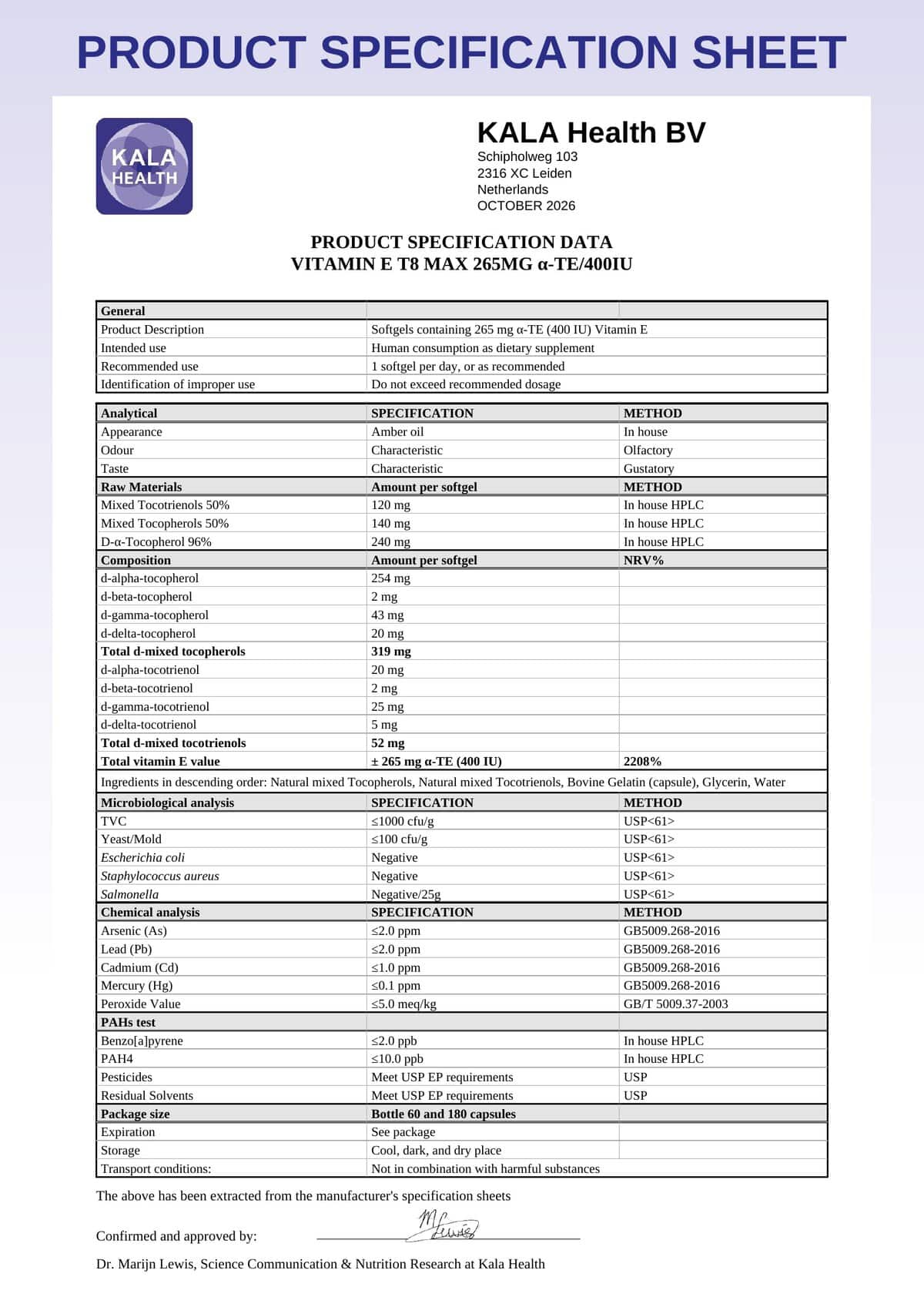 Vitamin E T8 MAX 400IE/50mg 6 product specification sheet vitamin E T8 MAX softgels