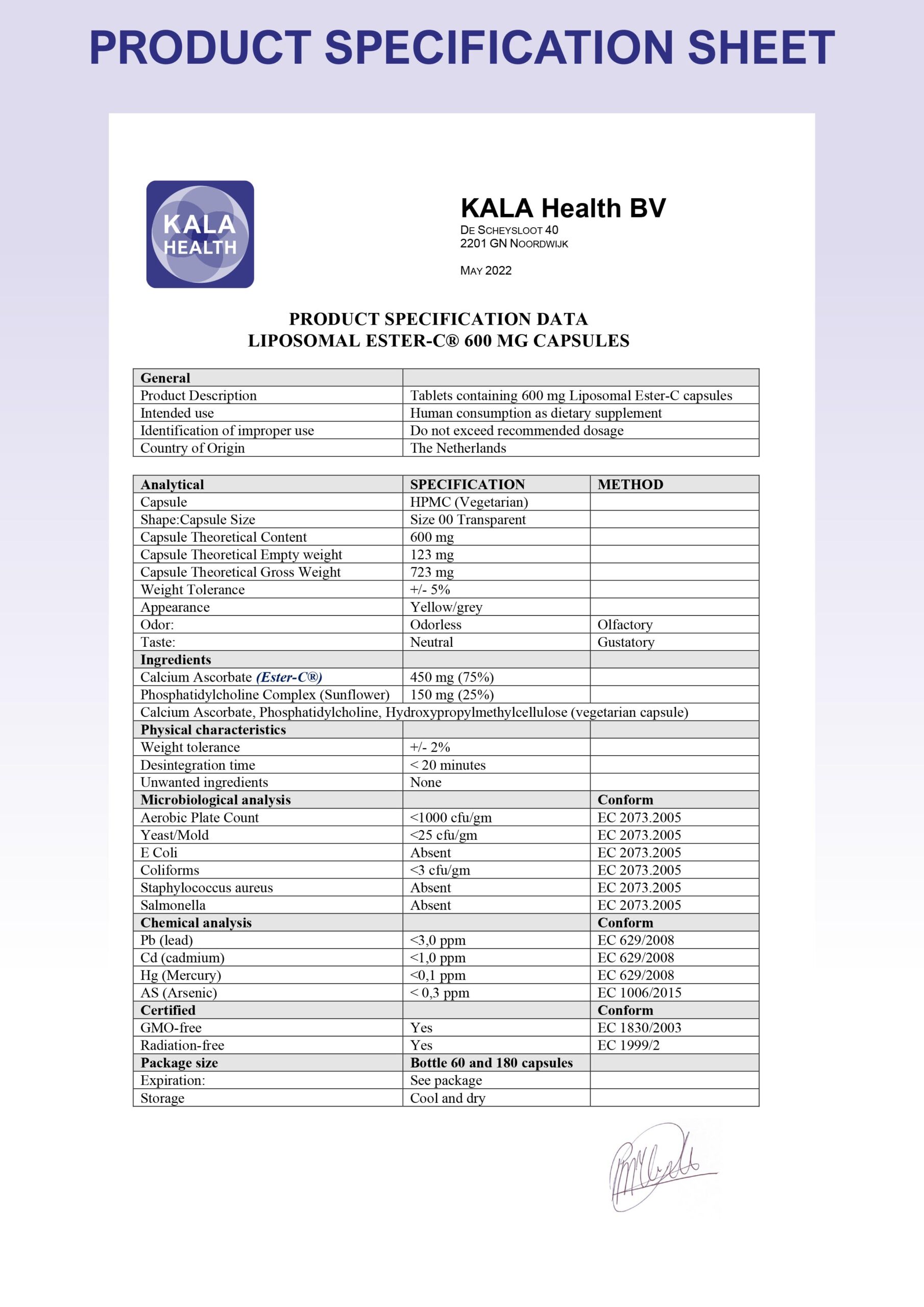 Liposomales Ester-C® 6 The Product Specification Sheet of Liposomal Ester-C capsules from Kala Health