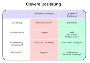 Vergleichstabelle Intelligenter dosieren: Standard B-Komplex versus Kala Health Liposomal. Dosierung: 500-2000% RI versus 100% RI. Vitaminformen: Inaktiv versus Aktiv (P5P, 5-MTHF, Methylcobalamin). Umwandlung nötig: Ja, durch den Körper versus Nein, direkt verwertbar. Aufnahme: Begrenzt versus 3-4x besser dank liposomaler Technologie.