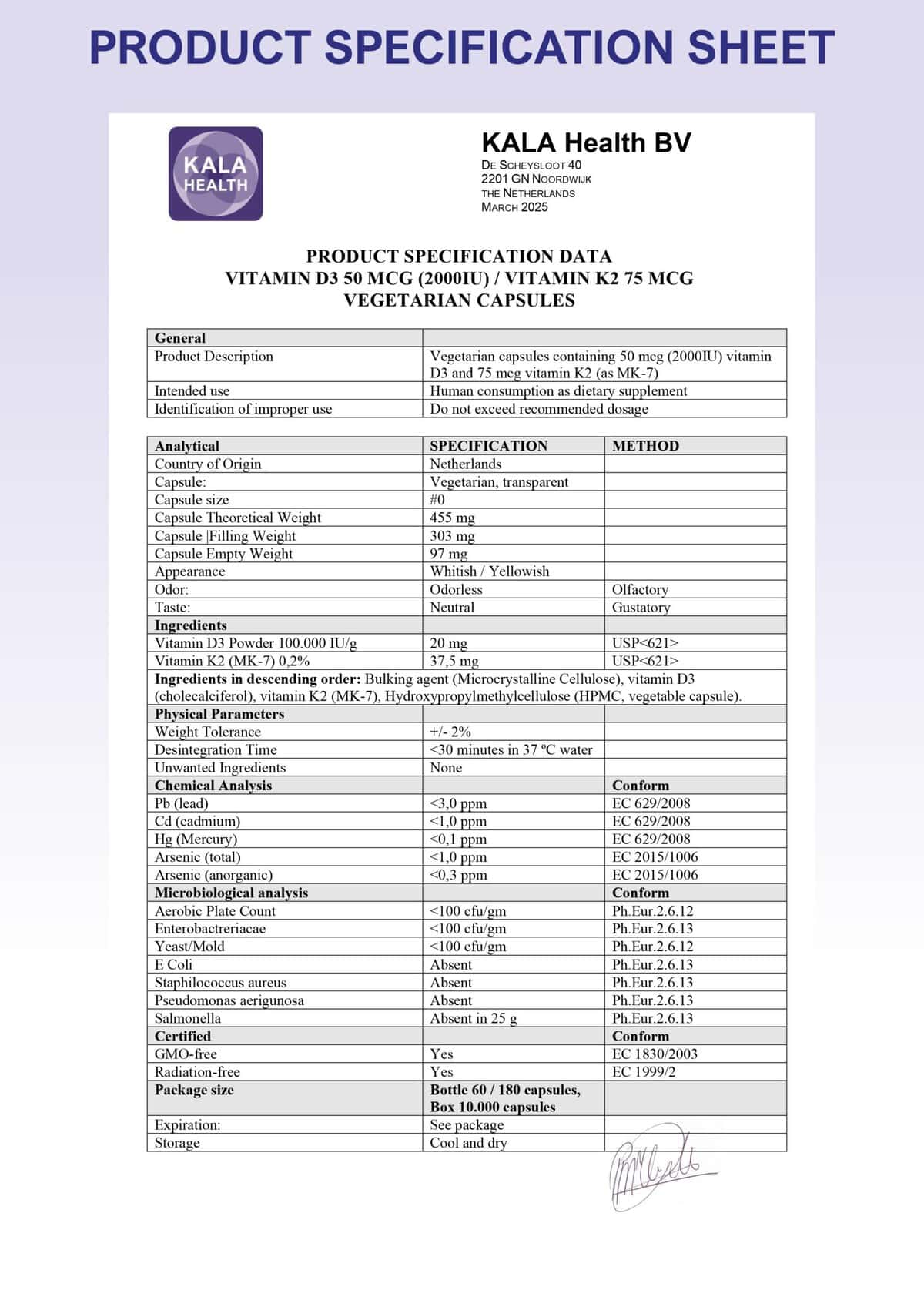 Vitamin D3 + K2 50µg/ 75µg 3 The Product Specification Sheet of Vitamin D3+K2 50/75 capsules by Kala Health