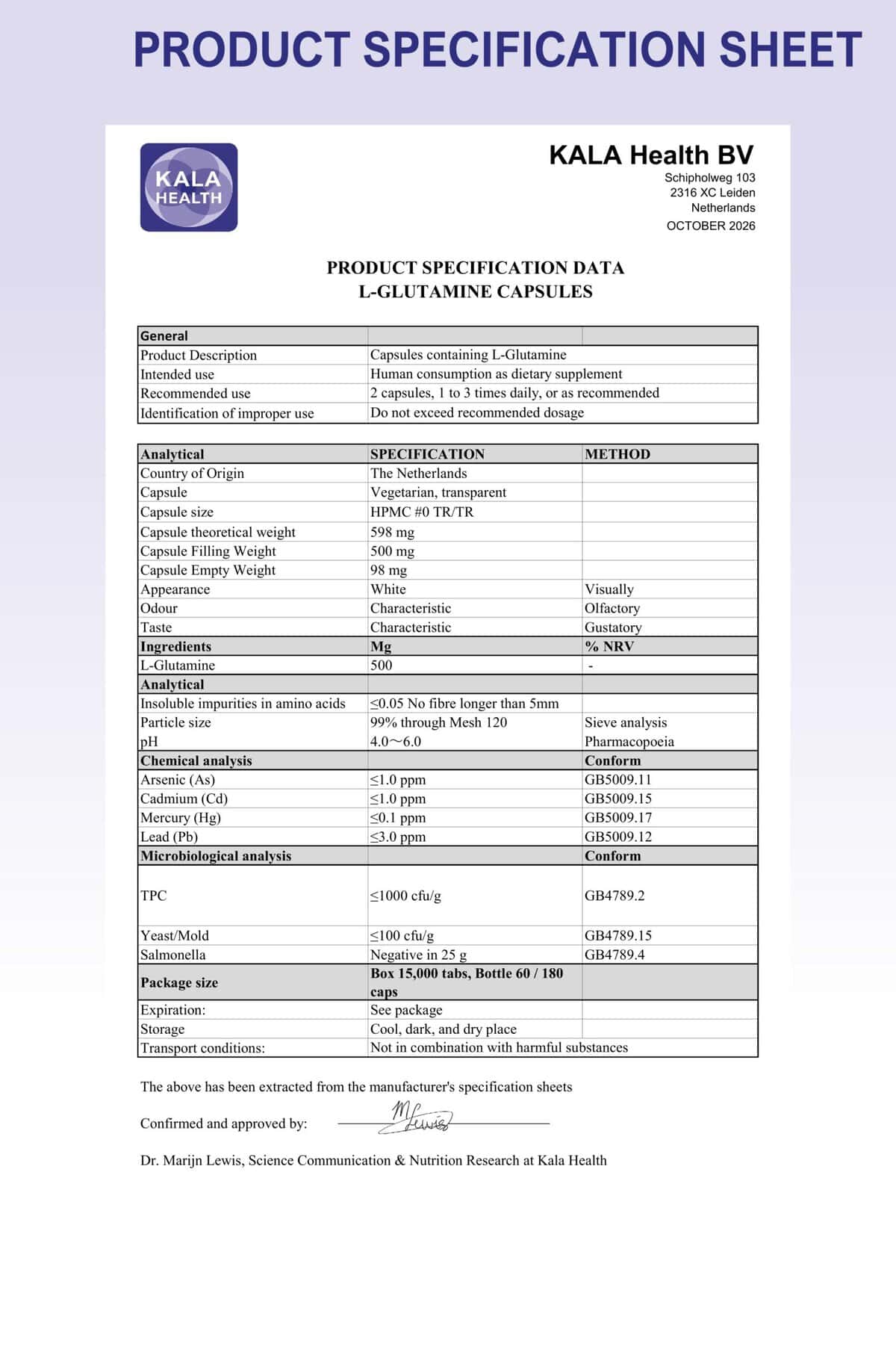 L-Glutamin 2 Produktdatenblatt L-Glutamin 500 mg von Kala Health